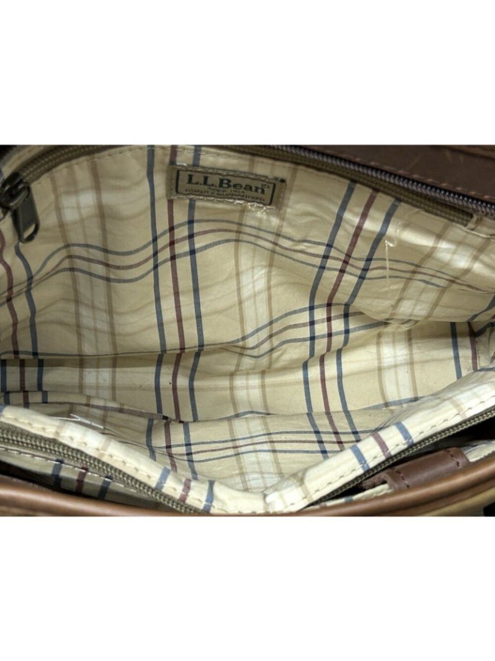 LL Bean Quilted Leather Tote Hand Bag Brown Purse Tan Zippered Pocket Y2K 283373 - Picture 11 of 13